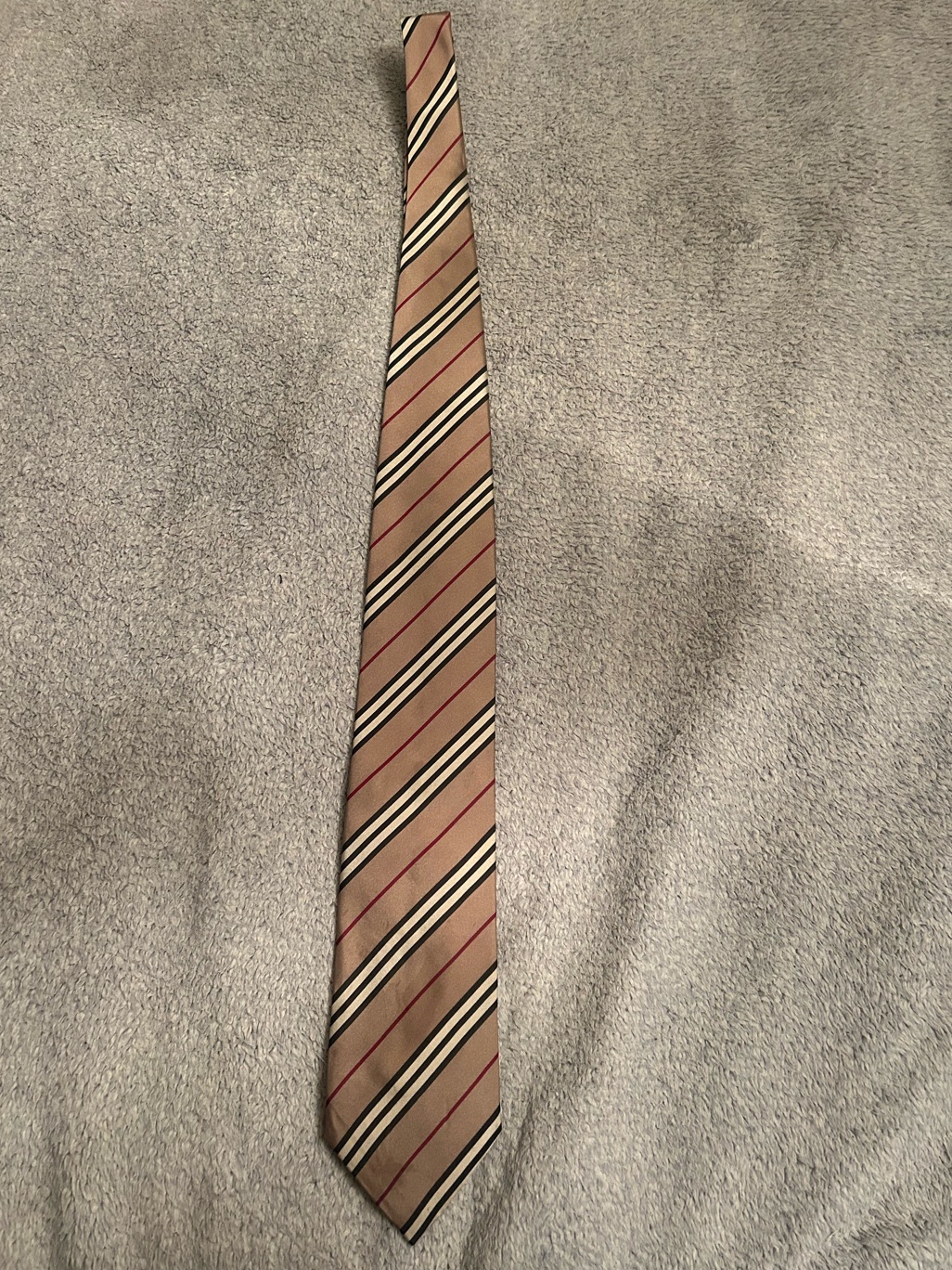 Burberry Beige Diagonal Stripe Tie With Black And Red Accents